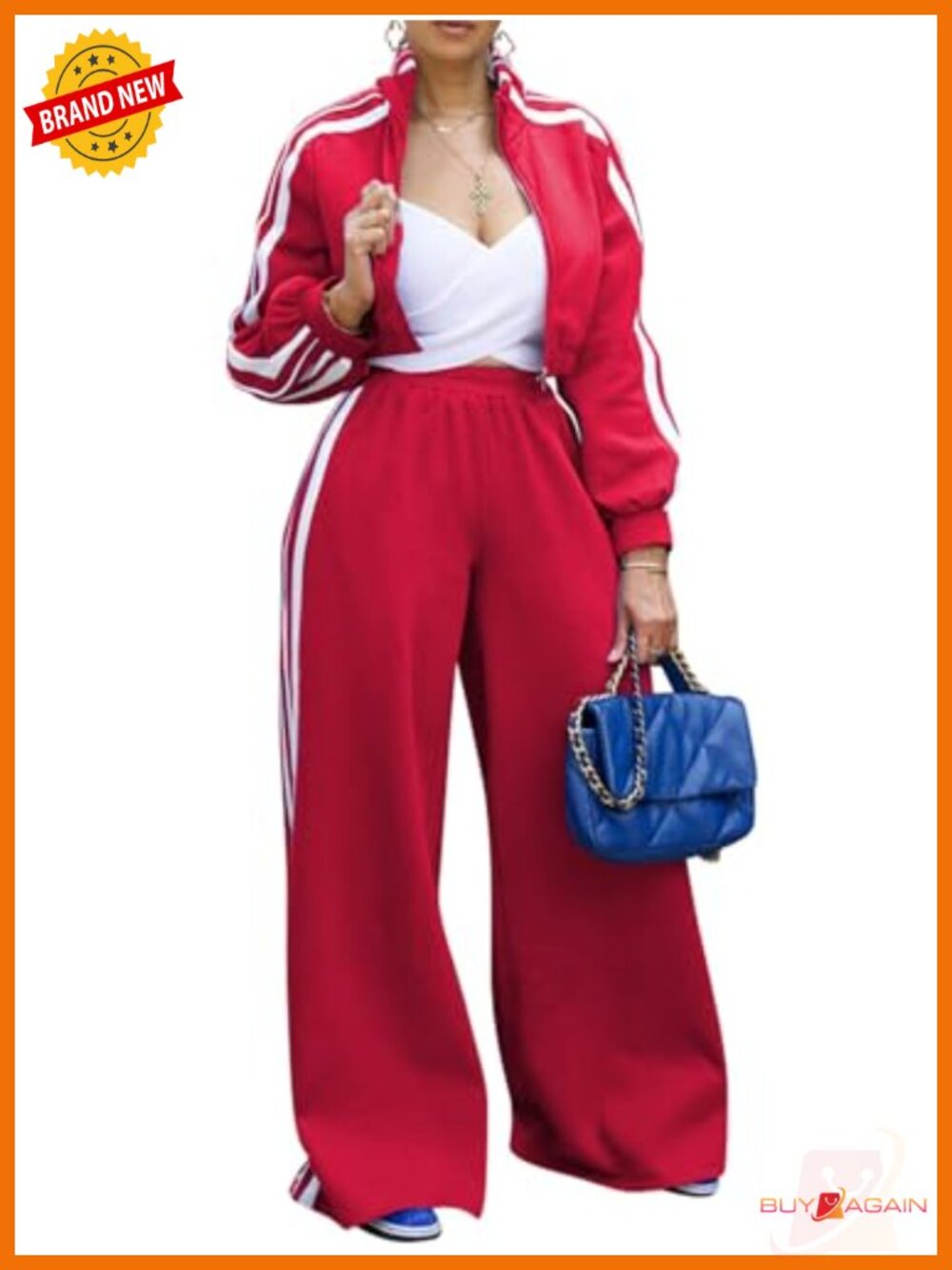 Women's 2 Piece Striped Sweatsuit Zip Crop Jacket Wide Leg Sweatpants Set